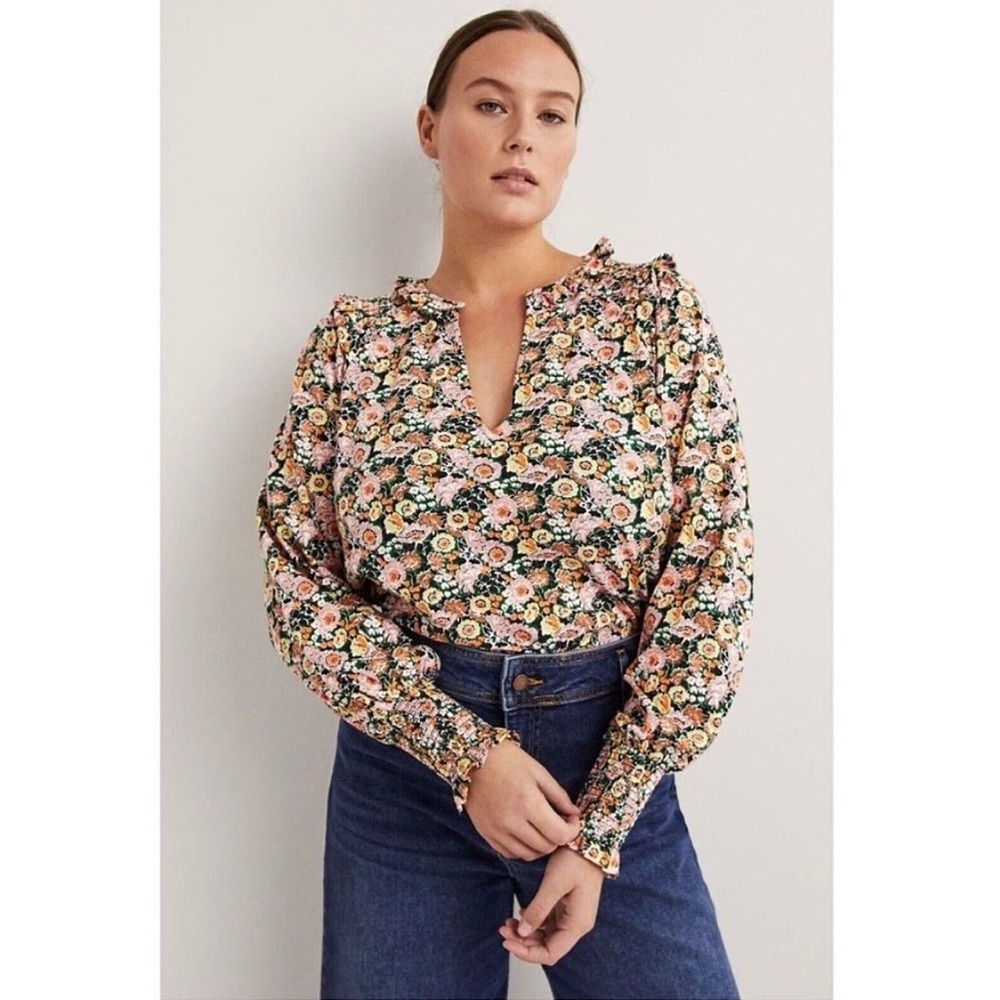 Boden Notch Neck Smocked Frill Pink/Orange Floral Top